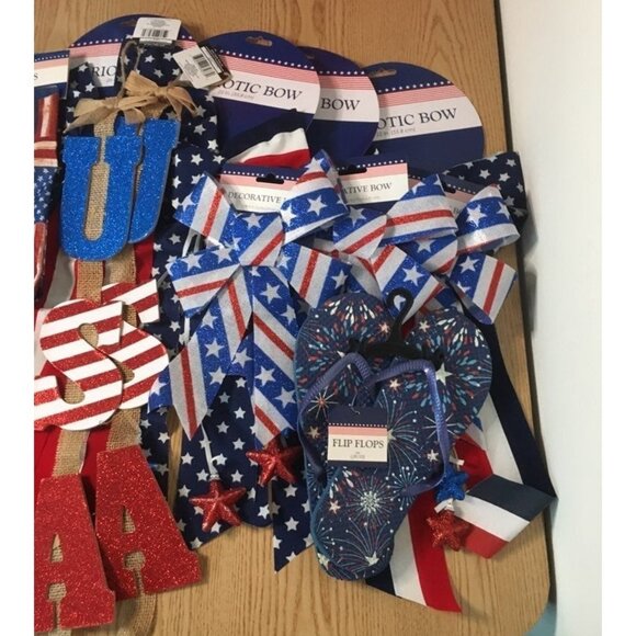 New Bundle of 11 Patriotic American Flag Decorations Ribbons & Socks - Picture 2 of 10